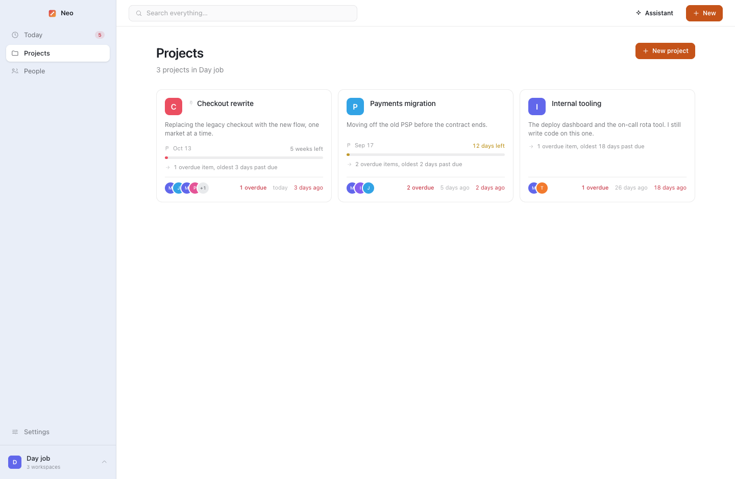 Projects: one card per project with what is overdue and how long since it was touched