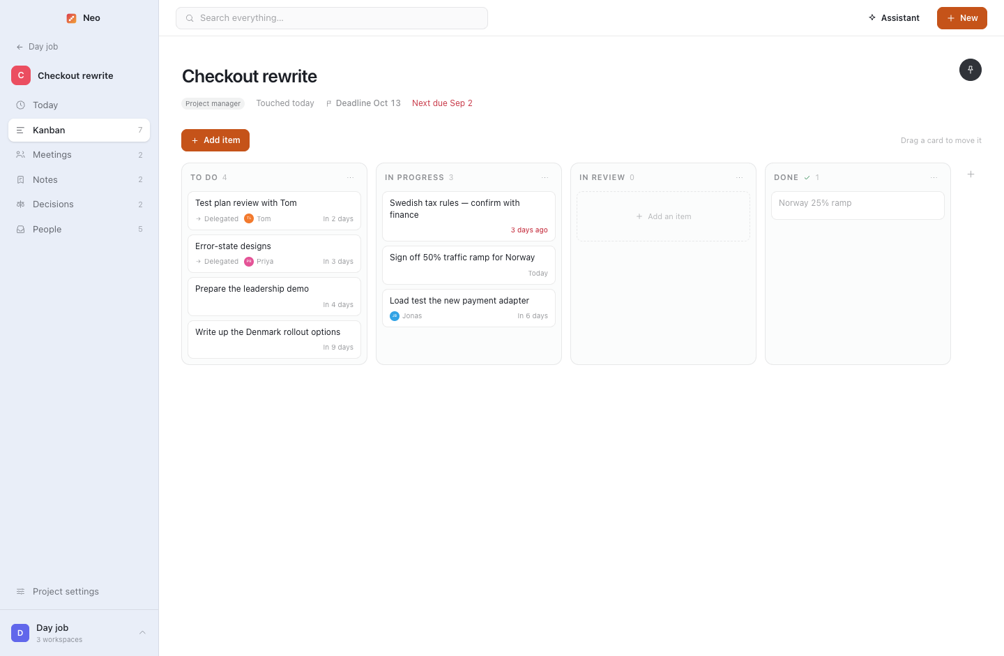 The board: tasks, delegated items and commitments in the same lanes