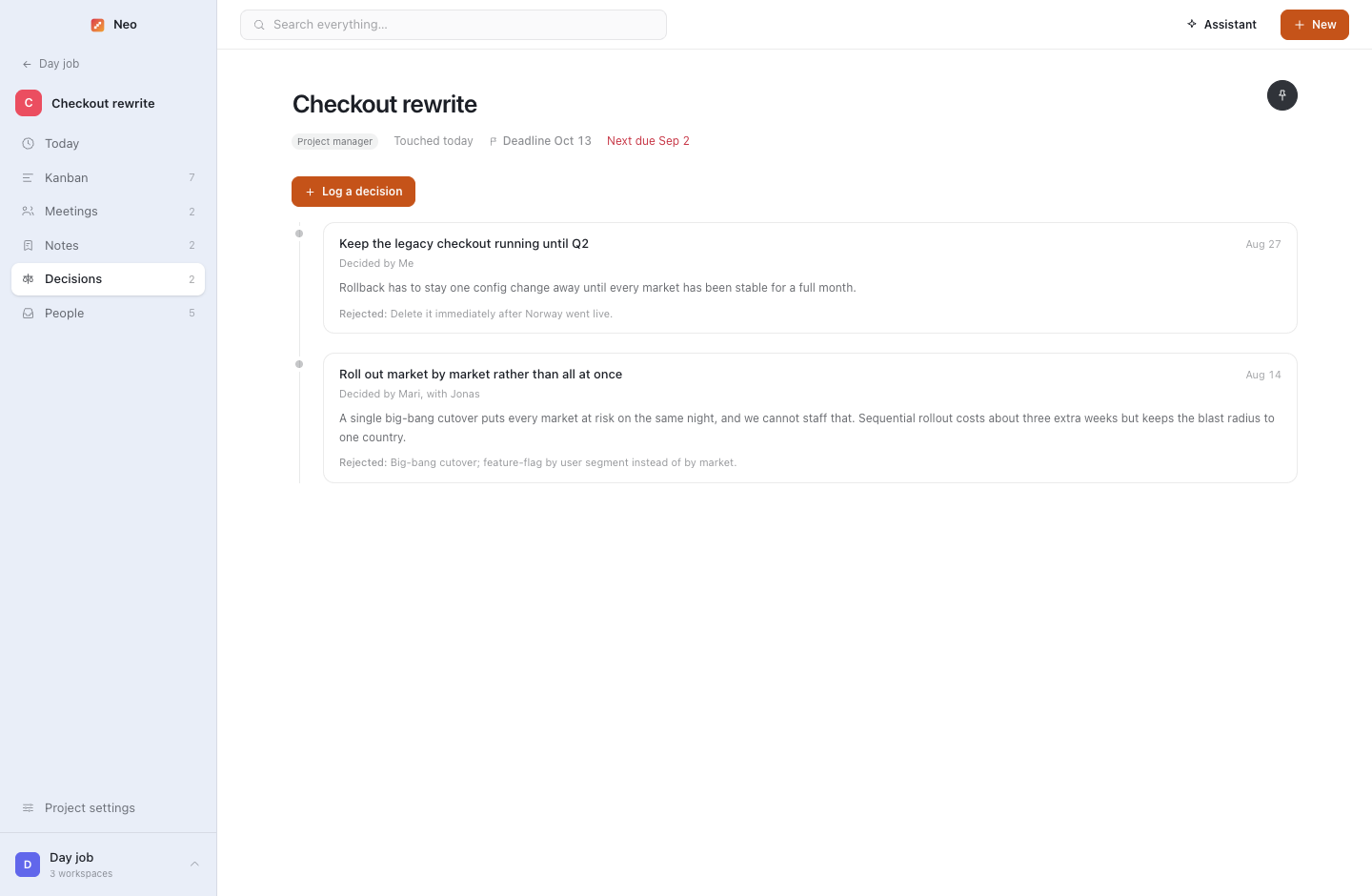 Decision log with the rejected options recorded