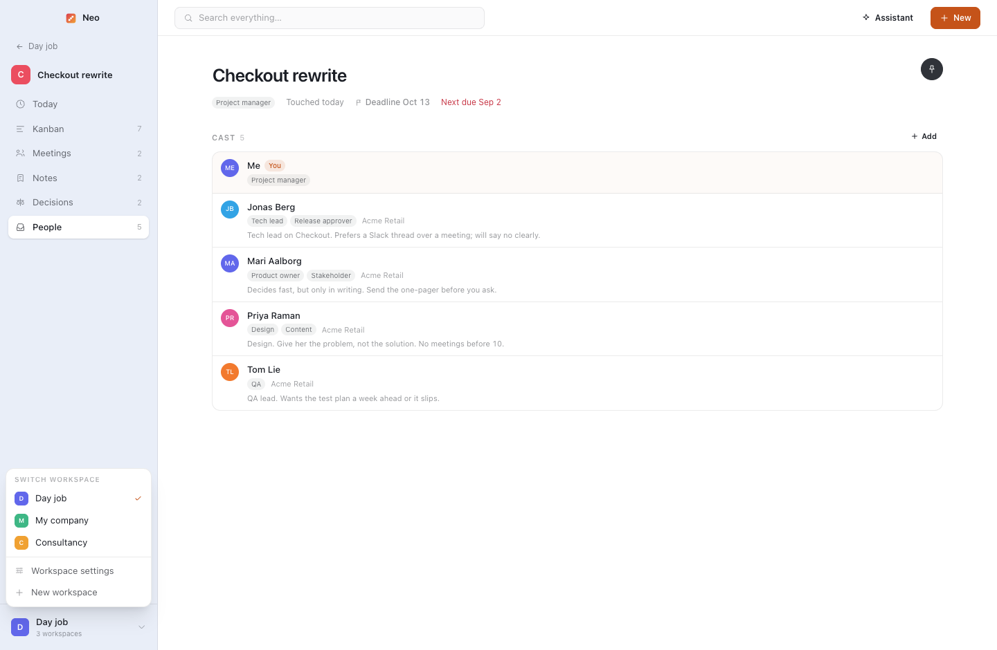 Workspaces: a day job, your own company and a client, kept strictly apart