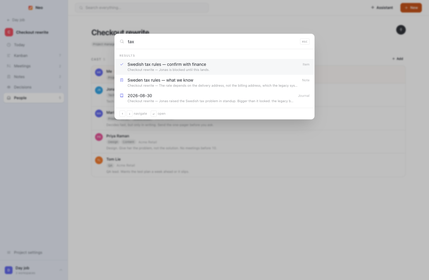 Command palette searching tasks, notes, meetings, decisions and people